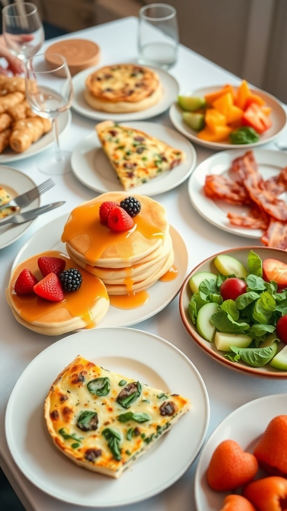 A brunch spread with pancakes, quiche, bacon, and fruit salad on a table.